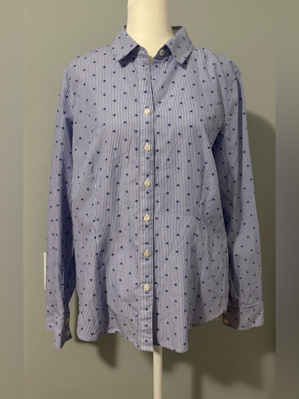 Van Heusen Blue & White Striped Button-Down with Navy Dot Pattern